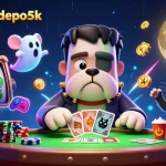 Engage with situs-slot-depo5k as Frankenstein bulldog deals cards at a casino-themed scene.