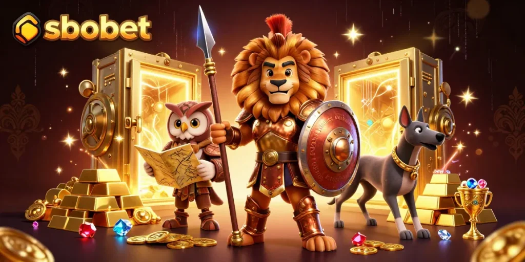 Engage in sbobet sports betting with vibrant characters amid gold and treasure in a dynamic illustration.