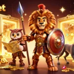 Engage in sbobet sports betting with vibrant characters amid gold and treasure in a dynamic illustration.