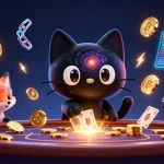 Découvrez un casino en ligne sans wager avec un chat noir cosmique et un renard nébuleux attirant des jetons d'or.