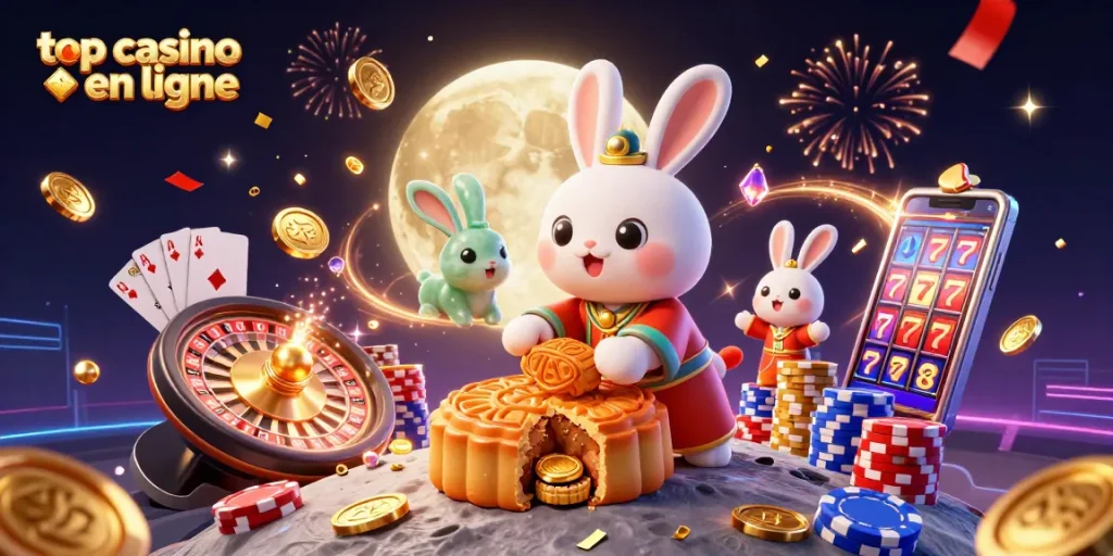 Admirez une scène captivante illustrant un meilleur casino en ligne, avec un lapin de lune trad. chinois, des jetons de poker et des feux d'artifice.