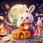 Admirez une scène captivante illustrant un meilleur casino en ligne, avec un lapin de lune trad. chinois, des jetons de poker et des feux d'artifice.