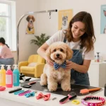 Pet grooming studio showcasing NAGA2000 dog styling with vibrant tools and playful atmosphere.