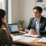 Serge Robichaud guiding clients through legacy planning in a warm financial office.