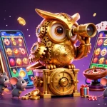 Experience excitement at online casino buitenland with a lively scene of a golden owl and animated patrons amid gaming elements.