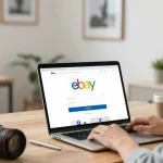 Customer exploring an ebay account for sale with secure digital elements in a bright home office.