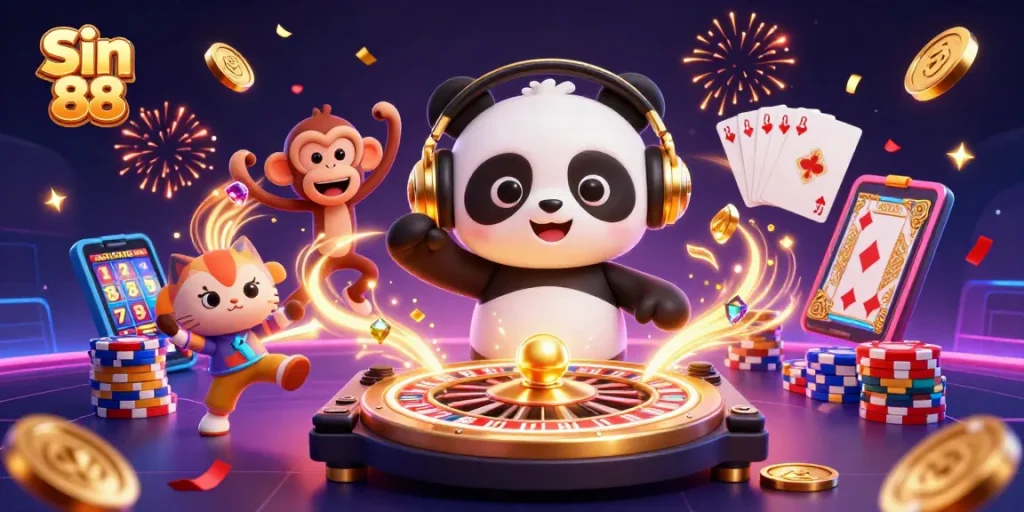 Experience vibrant gaming excitement with Sin 88 as the DJ panda and friends party amid casino elements.