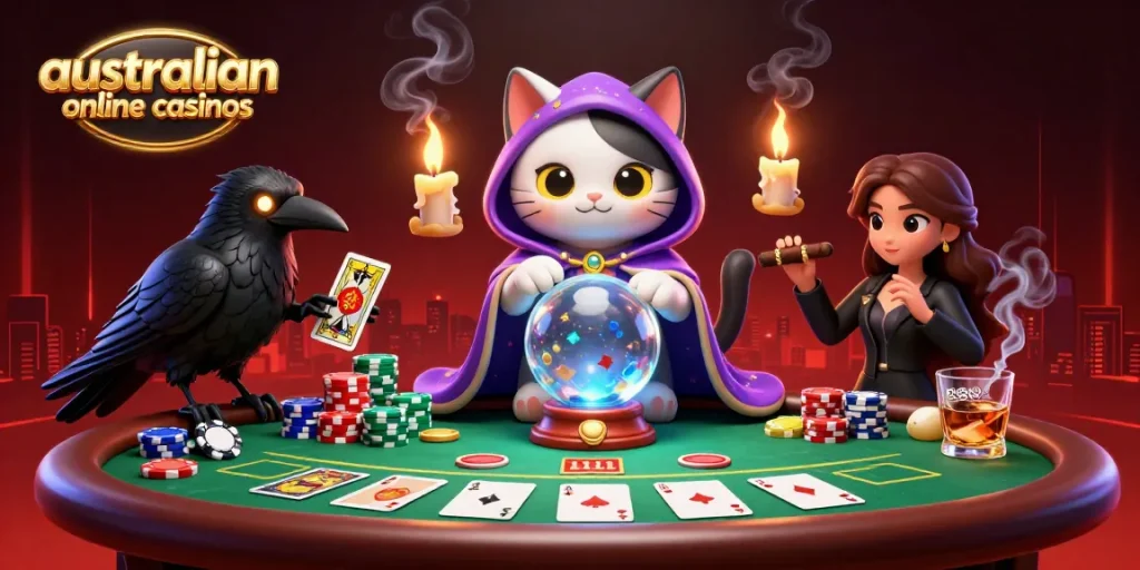 Engage with australian online casinos through an enchanting 3D illustration featuring a mystical cat and a raven.