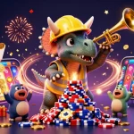 Illustration d'un casino en ligne retrait immédiat 2026 avec un tricératops en construction et une célébration festive.