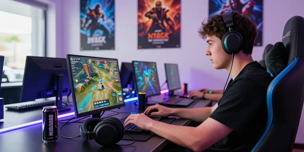 NAGA2000 immersive gaming scene with a focused gamer and vibrant graphics