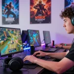 NAGA2000 immersive gaming scene with a focused gamer and vibrant graphics