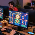 Interactive gameplay experience on KECAK4D with friends enjoying 4D slots, colorful graphics, and snacks around.