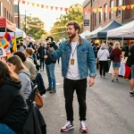 Nathan Garries participating in a lively street festival with community members and colorful stalls.