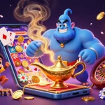 Engage with gacor77 login in this vibrant casino scene featuring a genie, poker chips, and slot game!