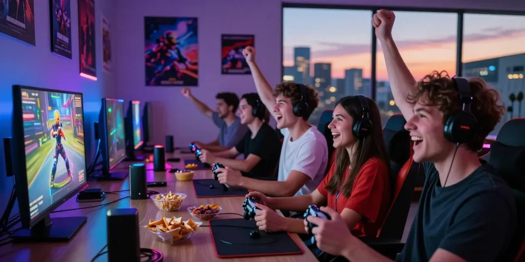 Penggemar gamer menikmati sesi permainan yang penuh warna di https://levitraps.com dengan suasana penuh semangat dan kebersamaan.