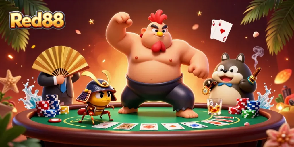 Experience the thrill of Red88 with a dynamic casino scene featuring vibrant poker action.