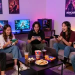 Friends gaming on INDOCAIR platform, showcasing a fun and vibrant digital entertainment experience.