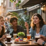 Group of friends enjoying rokok 88 at an outdoor café with pastries and city lights.