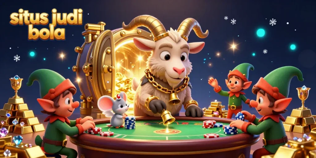 Situs judi bola scene depicting an animated casino with Krampus goat and elf gremlins stealing chips, capturing lively sports betting action.