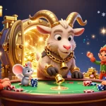 Situs judi bola scene depicting an animated casino with Krampus goat and elf gremlins stealing chips, capturing lively sports betting action.