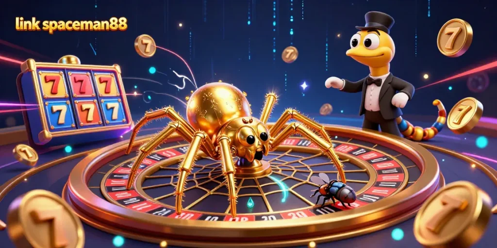 Spin winning limits with link spaceman88 in a vibrant and richly detailed casino scene featuring a golden roulette wheel made by a spider.