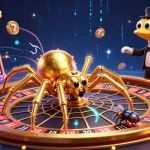Spin winning limits with link spaceman88 in a vibrant and richly detailed casino scene featuring a golden roulette wheel made by a spider.