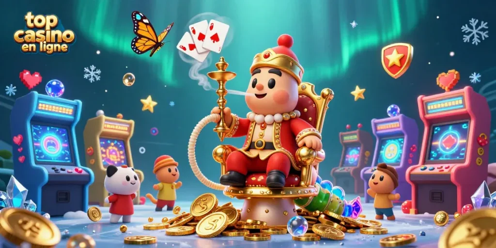 Ressentez l'excitation du meilleur casino en ligne avec des éléments de poker et de jeux d'arcade colorés.
