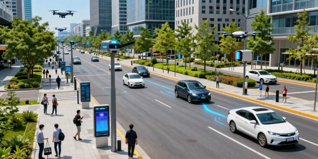 Exploring the benefits of IoT in a vibrant smart city environment with connected vehicles and smart technology.