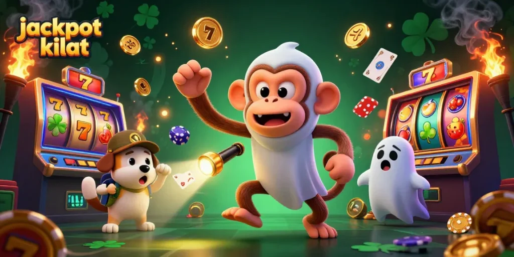 Unleash the jackpot kilat magic with a playful poltergeist monkey in a stunning slots casino scene.