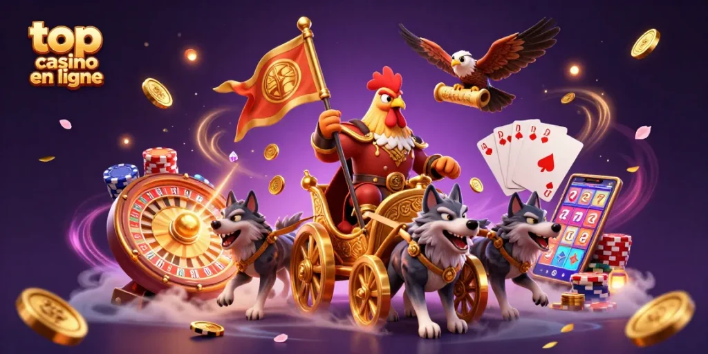 Gagnez avec les meilleurs jeux au top casino en ligne, illustration dynamique de poker et machine à sous.