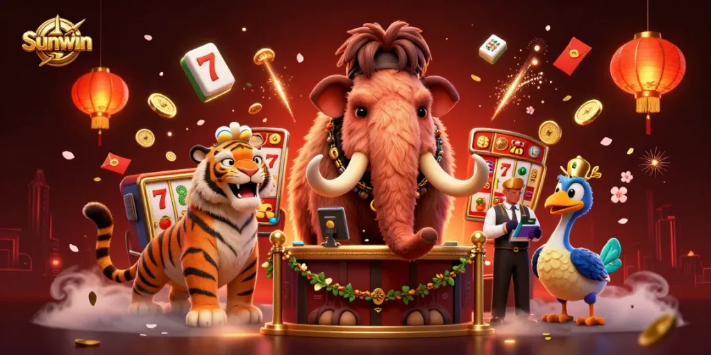 Experience the vibrant Sunwin casino with a bouncer, VIP guest, and doorman amidst dynamic slot themes.
