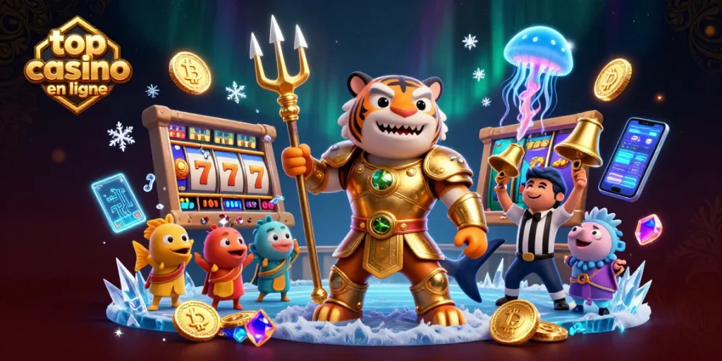 Jouez dans le meilleur casino en ligne avec des machines à sous et un requin en armure dorée.