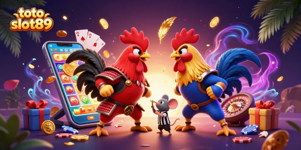 Engage with exciting action as toto slot89 brings a fierce rooster showdown in a dynamic casino scene.