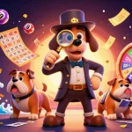 Jouez au top casino en ligne avec un détective cartoon cherchant des indices sur les jetons de poker.
