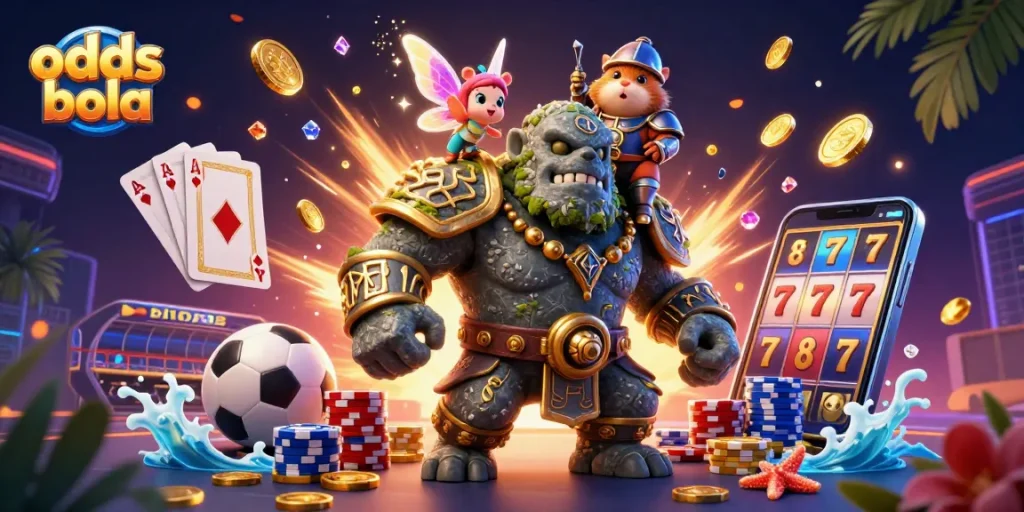 Engage with odds bola and explore vibrant sports betting magic with dynamic characters and festive casino elements.