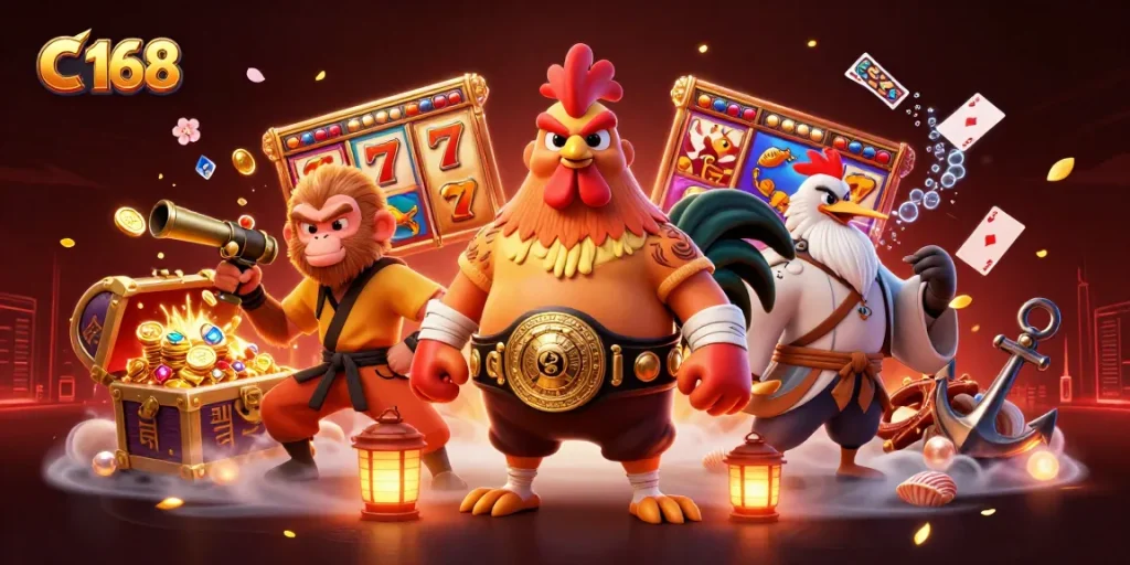 C 168 showcases a dynamic casino scene with cartoon characters engaged in gaming, highlighting excitement and action.