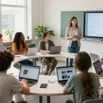 Students learning more in a modern classroom with collaborative discussions and technology.
