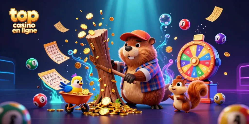 Plongez dans l'univers des meilleurs casinos en ligne avec un castor bûcheron et ses compagnons collectant des pièces d'or.