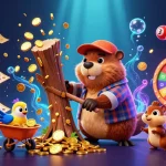 Plongez dans l'univers des meilleurs casinos en ligne avec un castor bûcheron et ses compagnons collectant des pièces d'or.