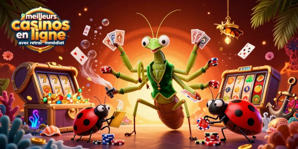 Illustration animée représentant les meilleurs casinos en ligne avec retrait immédiat, montrant un cambrioleur de cartes et des éléments de jeu.