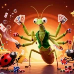 Illustration animée représentant les meilleurs casinos en ligne avec retrait immédiat, montrant un cambrioleur de cartes et des éléments de jeu.