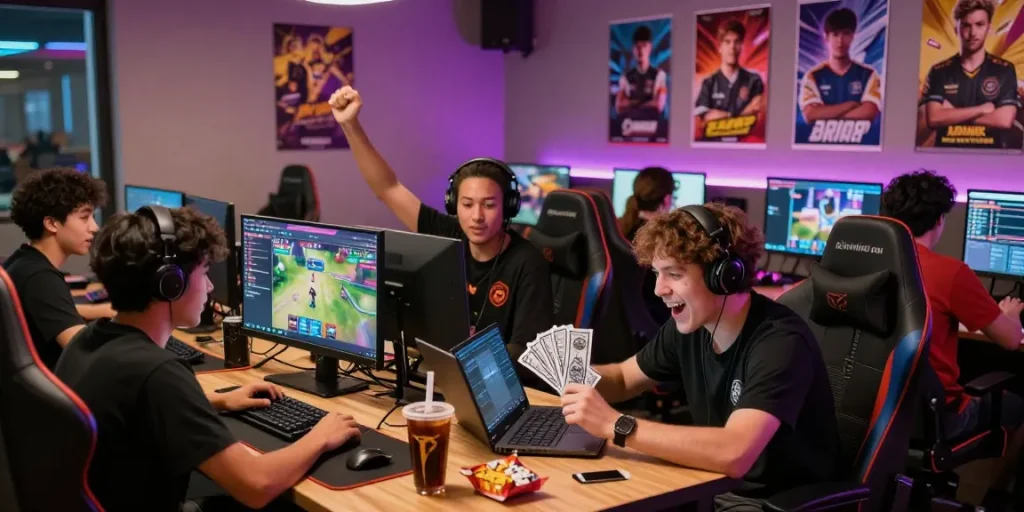 Online gaming excitement with newbet4d members celebrating their wins in a modern lounge.