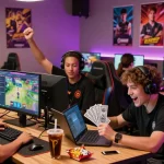 Online gaming excitement with newbet4d members celebrating their wins in a modern lounge.