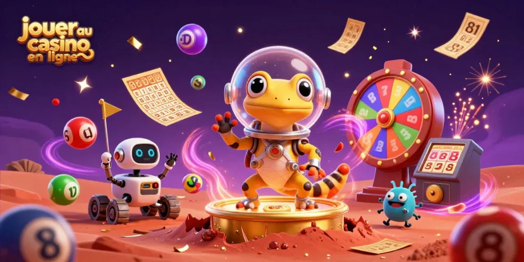 Jouer au casino en ligne avec des jeux dynamiques dans un univers coloré et festif.