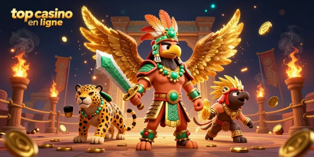 Visez les jackpots dans les meilleurs casinos en ligne avec des guerriers aztèques et des éléments dorés.